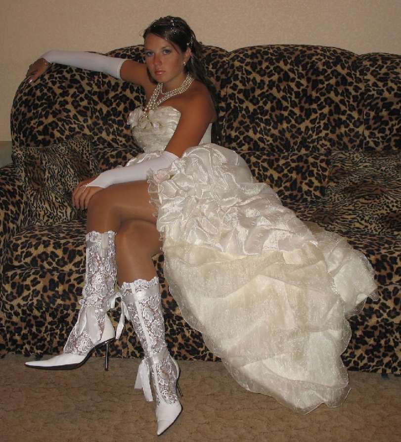 Brunette Young Bride wearing Tan Shiny Sheer Nylon Tights and White Long Silk Dress